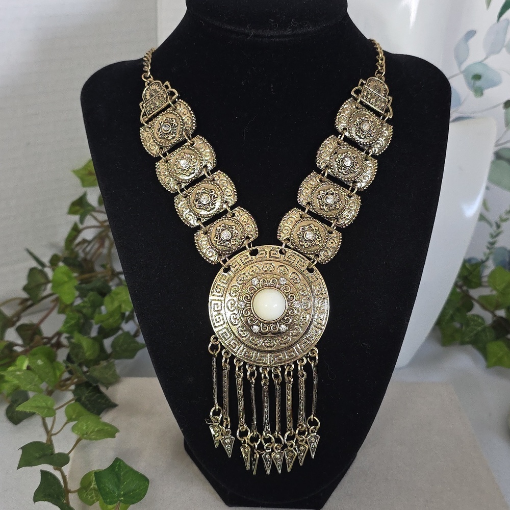 Statement Gold Boho Ethnic Faux Stone Bib Necklace